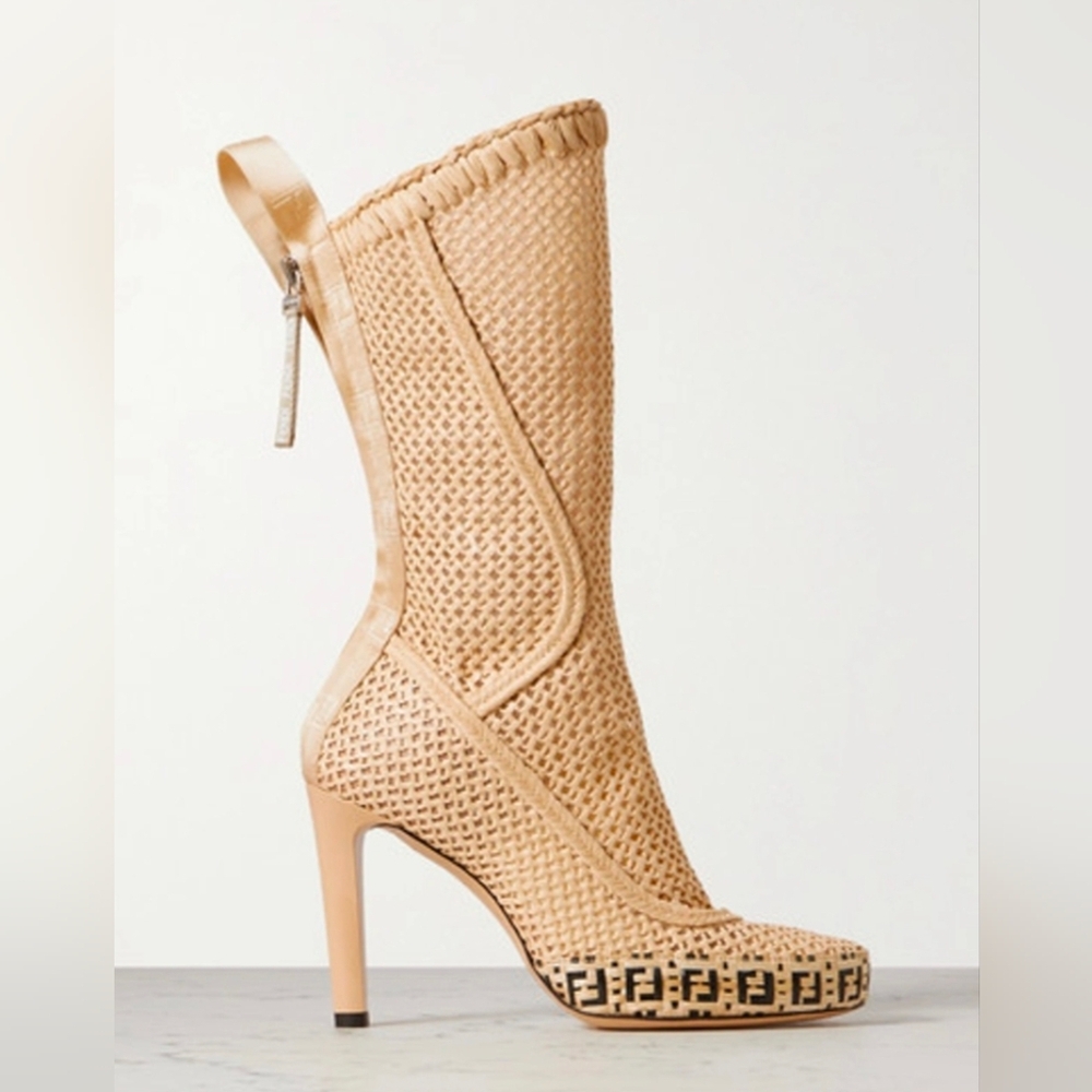 Fendi 105mm FF Woven Raffia Spring '21 Runway Zip Mid Calf Booties Size EU 38